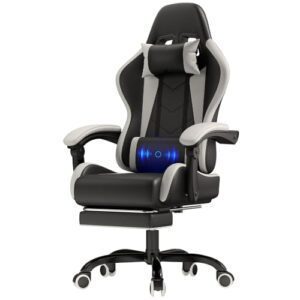 JUMMICO Gaming Stuhl Massage, Bürostuhl Ergonomisch Mit Massage-Lendenkissen, Gamer Stuhl verstellbare Rückenlehne 90-135°,und fußstütze, Gamingstuhl 150 kg belastbarkeit, Weiß