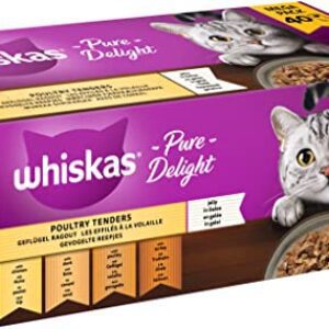 Whiskas 1+ Katzennassfutter Ragout Geflügel Auswahl in Gelee, 40x85g (1 Packung) – Hochwertiges Nassfutter für ausgewachsene Katzen in 40 Portionsbeuteln
