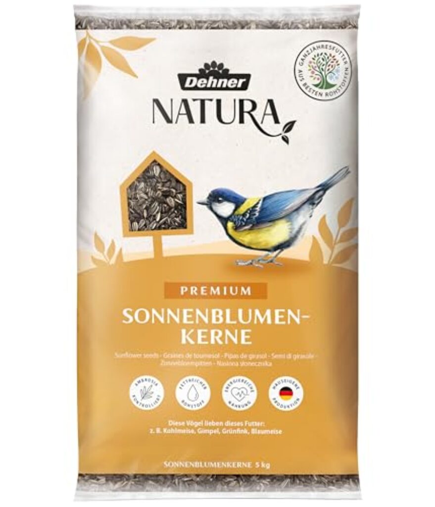 Dehner Natura Premium Wildvogelfutter, Sonnenblumenkerne, Ganzjahresfutter proteinreich / energiereich, hochwertiges Vogelfutter für Wildvögel, 5 kg - Produktbild