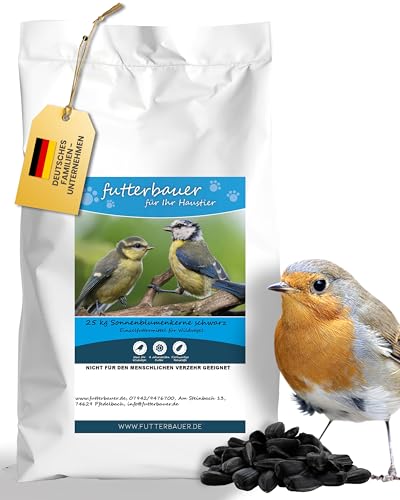 Futterbauer 25 kg Schwarze Sonnenblumenkerne im Papiersack für Vögel, 100% Natur, Hochwertige Energiequelle für Wildvögel, Hoher Fett- & Vitamin-E-Gehalt, Gereinigt & Getrocknet mit Schale, Ernte 2025