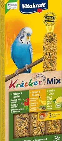 Vitakraft Kräcker Mix, Vogelsnack, für Wellensittiche, Knabberstangen, mit Kräutern und Paprika, mit Kiwi und Citrus, mit Banane und Sesam, ohne Zusatz von Zucker (1x 90g)