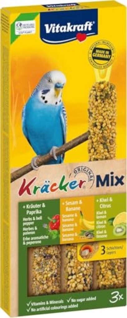 Vitakraft Kräcker Mix, Vogelsnack, für Wellensittiche, Knabberstangen, mit Kräutern und Paprika, mit Kiwi und Citrus, mit Banane und Sesam, ohne Zusatz von Zucker (1x 90g) - Pro...