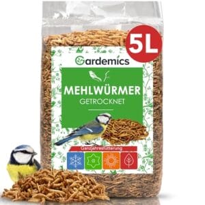 Gardemics Mehlwürmer getrocknet 5 Liter – 800g – Premium Insektenfutter für Vögel, Fische, Schildkröten, Nager, Igel, Reptilien, Vogelfutter Mehlwürmer getrocknet