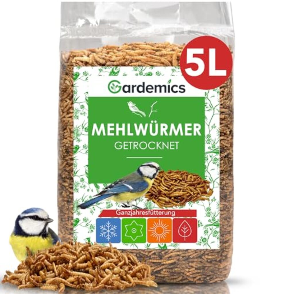 Gardemics Mehlwürmer getrocknet 5 Liter – 800g – Premium Insektenfutter für Vögel, Fische, Schildkröten, Nager, Igel, Reptilien, Vogelfutter Mehlwürmer getrocknet