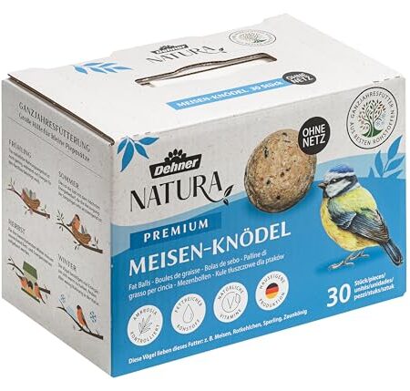 Dehner Natura Premium Meisenknödel ohne Netz, ganzjähriges Wildvogelfutter proteinreich / energiereich, Vogelfutter für Wildvögel, 30 Stück je 90 g (2.7 kg), Karton aus FSC-zertifizierter Produktion