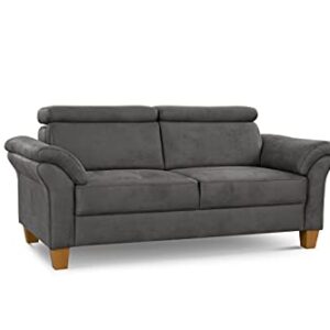 Cavadore 3-Sitzer-Sofa Ammerland / 3er-Couch im Landhausstil mit Federkern + verstellbaren Kopfstützen / 186 x 84 x 93 / Wildlederoptik, Grau