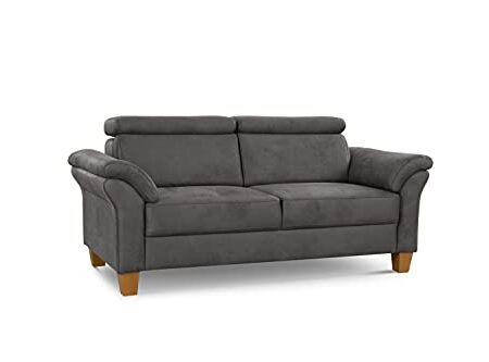 Cavadore 3-Sitzer-Sofa Ammerland / 3er-Couch im Landhausstil mit Federkern + verstellbaren Kopfstützen / 186 x 84 x 93 / Wildlederoptik, Grau