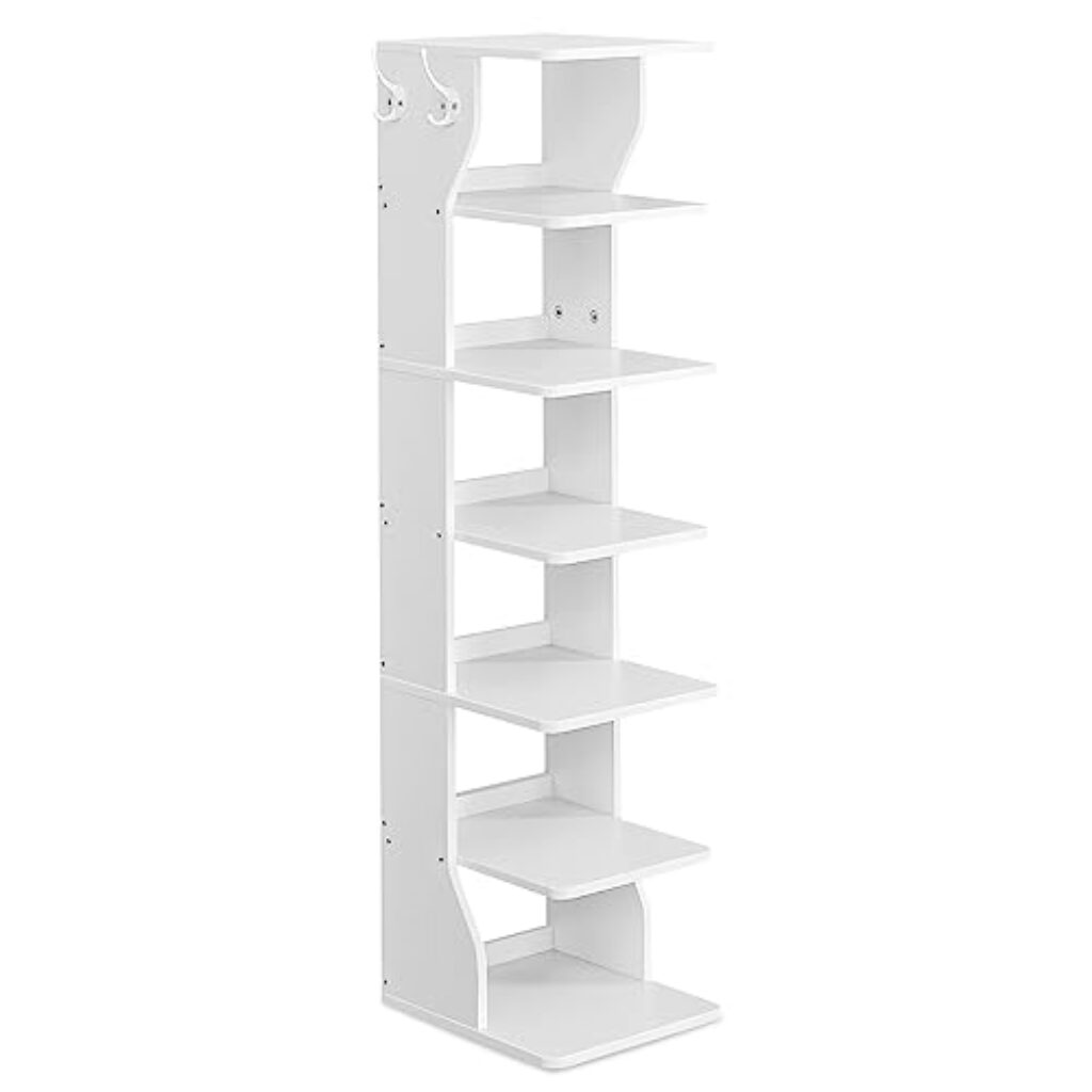 VASAGLE Schuhregal schmal, Standregal mit 7 Ebenen, platzsparend, für Eingangsbereich, Ecke, Schuhablage, weiß LBS200T14
