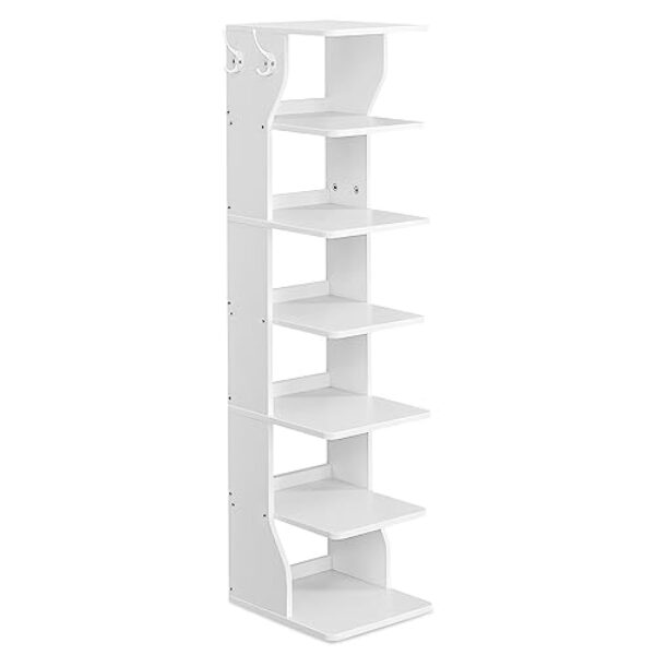 VASAGLE Schuhregal schmal, Standregal mit 7 Ebenen, platzsparend, für Eingangsbereich, Ecke, Schuhablage, weiß LBS200T14