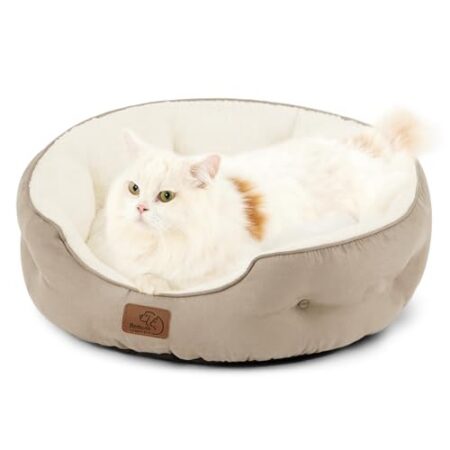 BEDSURE Katzenbett waschbar Katzen Bettchen – 51x48x15cm Katzenkorb mit zweiseitig Innenkissen Katzenschlafplatz für Katzen oder kleine Hunde, Kamel