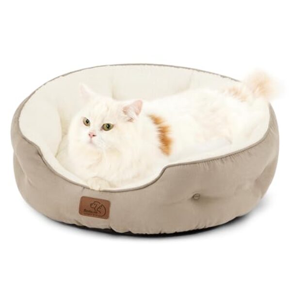 BEDSURE Katzenbett waschbar Katzen Bettchen – 51x48x15cm Katzenkorb mit zweiseitig Innenkissen Katzenschlafplatz für Katzen oder kleine Hunde, Kamel