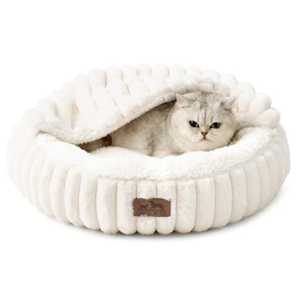 COZY KISS Katzenbett mit Deckel 50x50x15cm – Waschbar Katzenhöhle für Katzen und Kleine Hunde, Flauschiges Donut-Körbchen aus Kunstfell mit Hochelastischer Kopfstütze, Anti-Angst, Creme