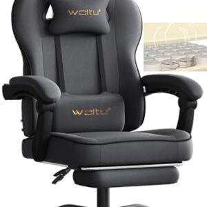 WOLTU Gaming Stuhl Stoff mit Bequemlichkeit Federunterlage, Kühl im Sommer, Gamer Chair Sessel Hohe Belastbarkeit ergonomischer mit Kopfkissen, Lendenkissen, Fußstütze, Tech-Stoff, Grau
