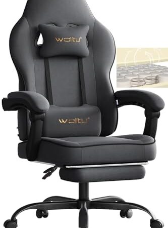 WOLTU Gaming Stuhl Stoff mit Bequemlichkeit Federunterlage, Kühl im Sommer, Gamer Chair Sessel Hohe Belastbarkeit ergonomischer mit Kopfkissen, Lendenkissen, Fußstütze, Tech-Stoff, Grau
