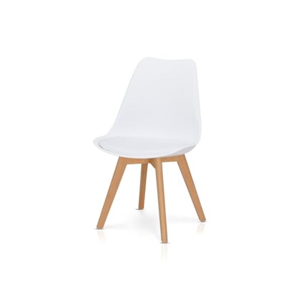 KHG Esszimmerstuhl Polsterstuhl Skandi Look – Stuhlbeine Massivholz Buche, Kunststoff Sitzschale, gepolstertes Kunstleder-Sitzkissen, modern & pflegeleicht, belastbar bis 150 kg – Weiß