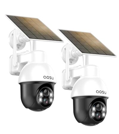 aosu Überwachungskamera Aussen mit Solarpanel, Panorama-PTZ, Automatischer Personenverfolgung, 2K-Nachtsicht, Licht- und Tonalarm, 2-Wege-Audio, kompatibel mit Alexa/Google Assistant(2-Pack)