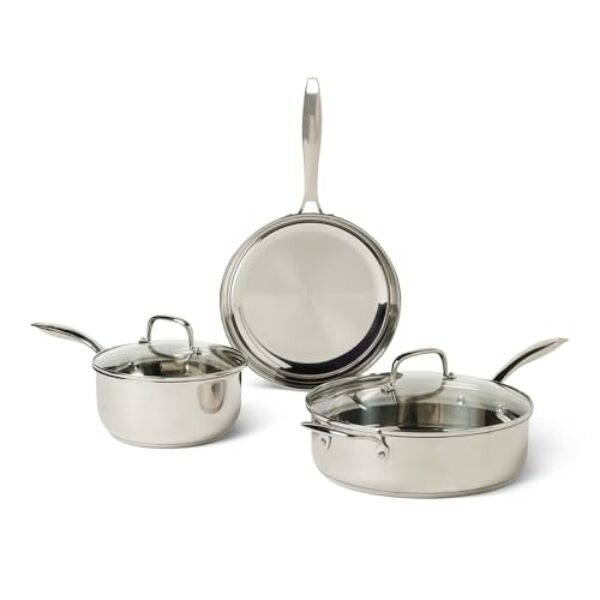 Amazon Basics Edelstahl-Kochgeschirr-Set, 5-Teiliges Set, Für alle Herdarten geeignet, Spülmaschinenfest