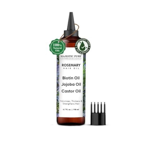 MAJESTIC PURE 100% Pure Rosemary Oil with Biotin for Hair Care, Strengthening, Nourishing, and Volumizing Formula with Jojoba Oil and Castor Oil – Non GMO Verified, 198 ml