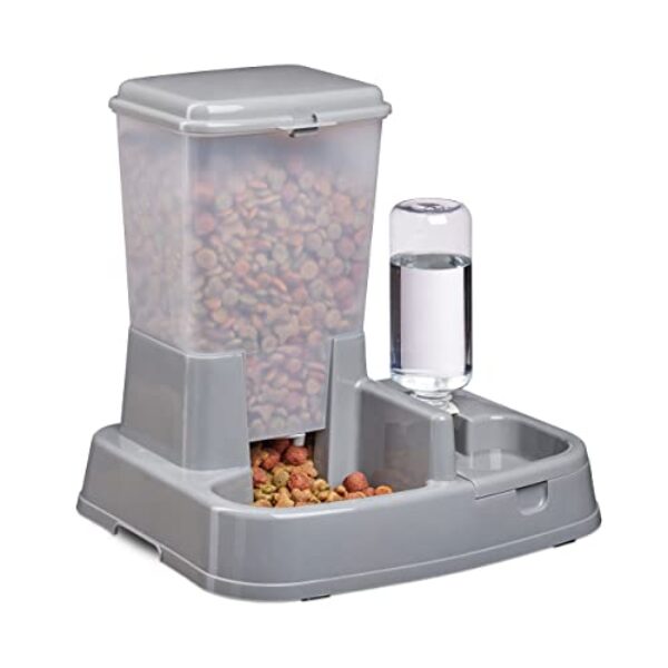 Relaxdays Wasser- und Futterspender, Futterautomat Katzen & Hunde, Flasche, Kunststoff, HBT 34×34,5×27,5 cm, dunkelgrau, 1 Stück (1er Pack)