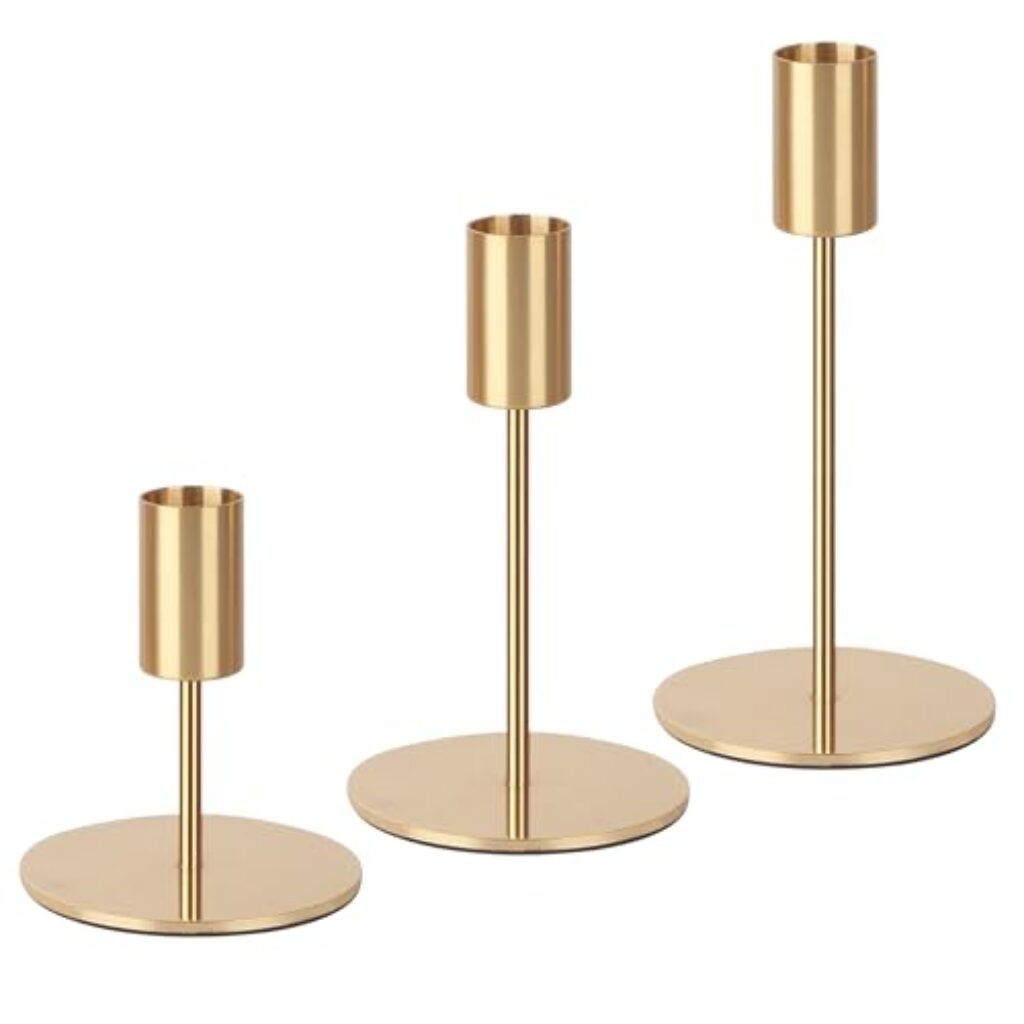 3 Set Kerzenhalter Gold,Kerzenständer Stabkerzen 9/14/19CM,Dekorativer Vintage-Kerzenhalter,Hoch Kerzenleuchter aus Metall,Geeignet für Geburtstagsmahlzeiten, Jubiläum, Hochzeit, Heimdekoration