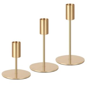3 Set Kerzenhalter Gold,Kerzenständer Stabkerzen 9/14/19CM,Dekorativer Vintage-Kerzenhalter,Hoch Kerzenleuchter aus Metall,Geeignet für Geburtstagsmahlzeiten, Jubiläum, Hochzeit, Heimdekoration