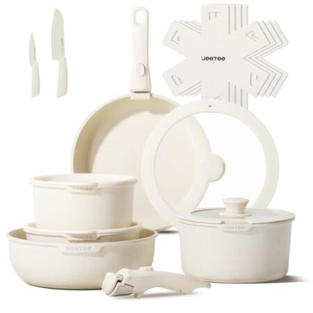 JEETEE Topf und Pfannensets mit abnehmbarem Griff 17-Teilig, Antihaft Pfanneset, Topfset Induktion, Kochtopf Set mit Deckel und Messer, Alle Herde kompatibel, PFOS/PFOA frei, Beige
