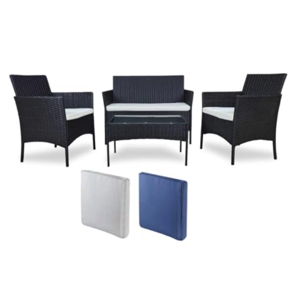 VORTIVO Gartenmöbel Set Schwarz – Sofa, 2 Sessel, Tisch mit Glasplatte Polyrattan– Inkl. 2 Kissenbezüge-Sets (Weiß & Blau) – Outdoor Lounge Möbel wetterfest