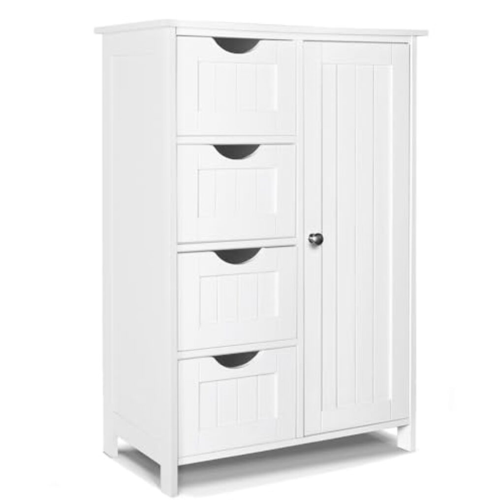 VOUNOT Badezimmerschrank, Badschrank, Beistellschrank mit 4 Schubladen, Schranktür & verstellbaren Ablagen für Badezimmer Wohnzimmer Küche Schlafzimmer 30x55x82cm Weiß