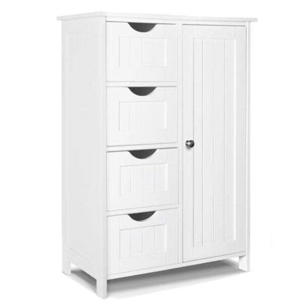 VOUNOT Badezimmerschrank, Badschrank, Beistellschrank mit 4 Schubladen, Schranktür & verstellbaren Ablagen für Badezimmer Wohnzimmer Küche Schlafzimmer 30x55x82cm Weiß