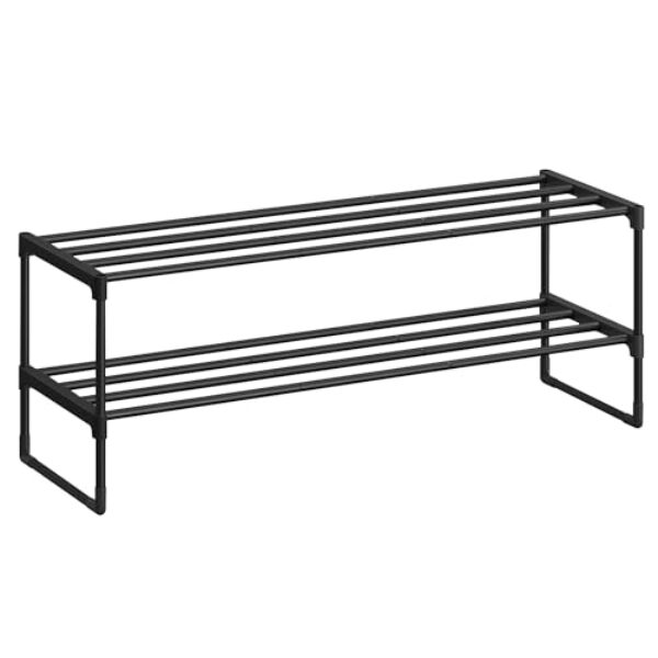 SONGMICS Schuhregal 2 Ebenen, Schuhständer Metall, Schuhaufbewahrung, Schuh-Organizer, aufrecht oder umgedreht, für 12-15 Paar Schuhe, stapelbar, Flur, 30 x 92 x 34 cm, schwarz LSA12BKV2