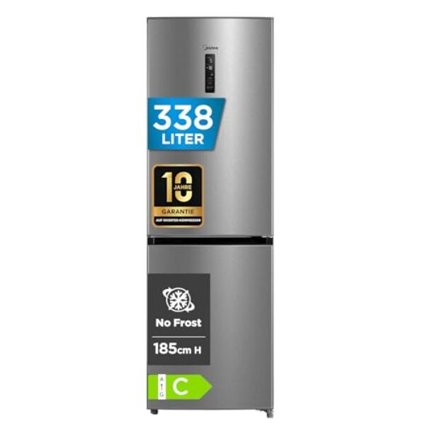 Midea MERB345MGC02 Kühl-/Gefrierkombination/No Frost/185 cm hoch / 59,5 cm breit /70 cm tiefe/171 kWh/Jahr/216 L Kühlteil/ 122 L Gefrierteil/Twin Control/mit Chiller Box, Front Inox