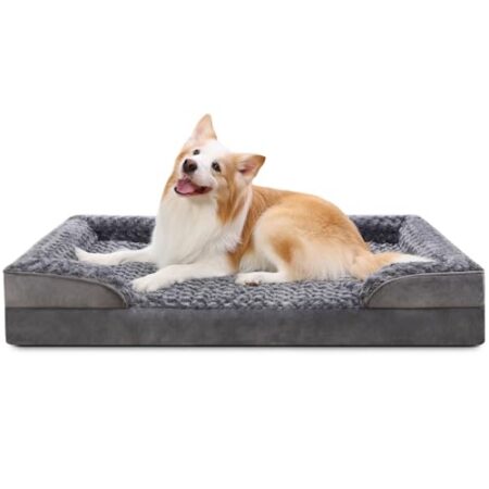 KSIIA Hundebett Grosse Hunde Orthopädisches, Bezug der Basis und Armlehnen abnehmbar waschbar, Wasserdicht Innenfutter, XL Hundesofa Hundekorb, erhöhte Ränder, rutschfeste Unterseite, Hundecouch grau