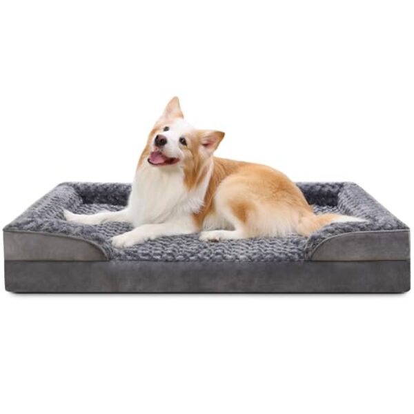 KSIIA Hundebett Grosse Hunde Orthopädisches, Bezug der Basis und Armlehnen abnehmbar waschbar, Wasserdicht Innenfutter, XL Hundesofa Hundekorb, erhöhte Ränder, rutschfeste Unterseite, Hundecouch grau