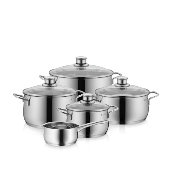 WMF Diadem Plus Topfset Induktion 5-teilig, Kochtopf Set mit Glasdeckel, Cromargan Edelstahl poliert, Induktions Töpfe Set unbeschichtet