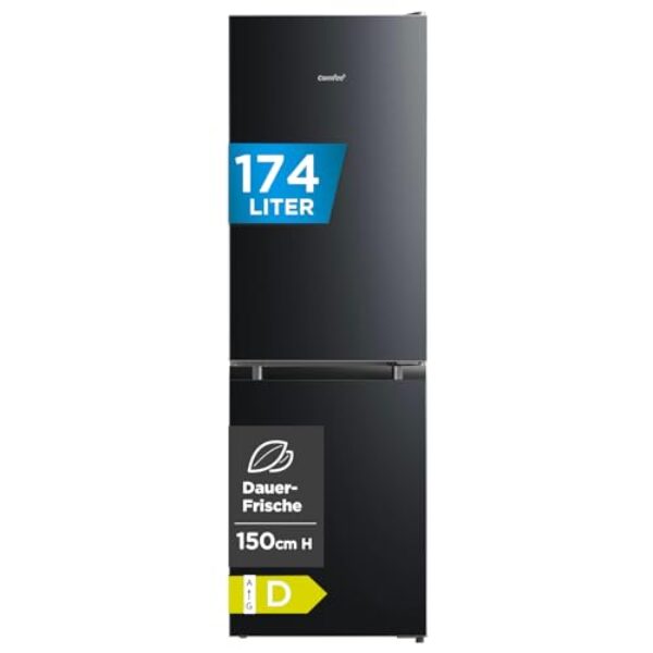 COMFEE‘ RCB169DK3 Kühlschrank mit Gefrierfach 150cm Höhe/Kühl-/Gefrierkombination/Low Frost/174L/leise Kühlgefrierkombi 38dB/Einstellbare Kühlschranktemperatur/LED-Licht/156 kWh/Jahr/Schwarz