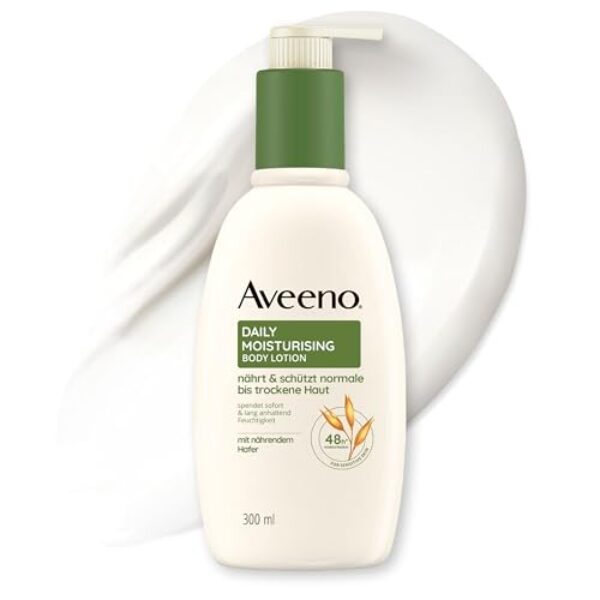 Aveeno Daily Moisturising Bodylotion – spendet 48h Feuchtigkeit, schützt vor Feuchtigkeitsverlust, stärkt die Hautschutzbarriere und pflegt normale bis trockene, empfindliche Haut,300ml