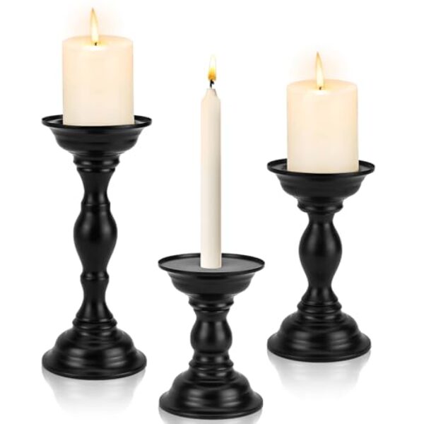 Mulaibdin 3 STK Kerzenständer Schwarz, Kerzenhalter Stabkerze, Kerzenständer Stumpenkerzen Metall, 2 in 1 Stabkerzenhalter Set, Candle Holder Vintage für Tischdeko,Wohnzimmer,Weihnachten,Geschenke