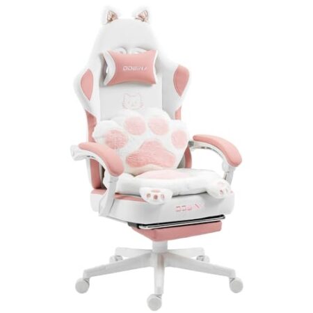 Dowinx Gaming Stuhl Ergonomisch mit Fußstütze, Katzenpfoten Gaming Chair aus Stoff, Flügelloses Sitzdesign, Verstellbarer Gamer Stuhl & PC Stuhl, Gaming Stuhl pink Katze, für Er...