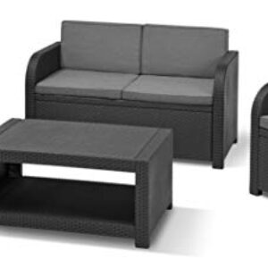 Allibert by Keter Modena Gartenmöbel Set aus Kunststoff, inkl. Sitzkissen, grau, 4-teilig, 2 Sessel, Sofa & Tisch, für Garten, Balkon & Terrasse, Flache Rattanoptik