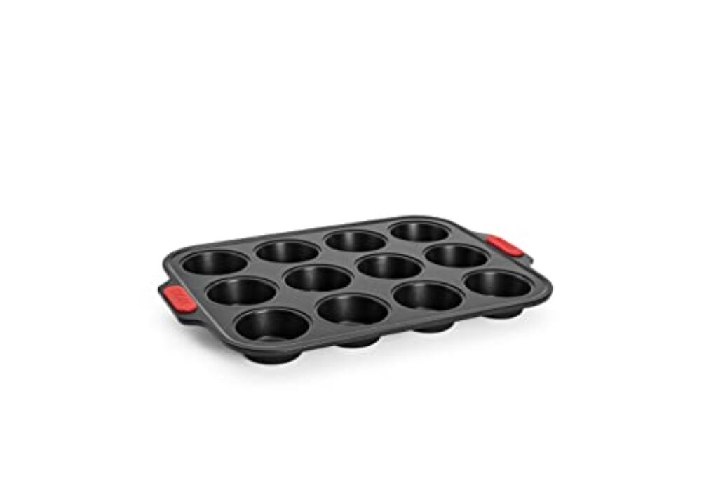 Woll Bakeware Muffinform für 12 Stück, mit hitzebeständigen Silikongriffen bis 230°C, PFAS-frei, zweilagige Antihaftbeschichtung, aluminisierter Stahl, schwarz
