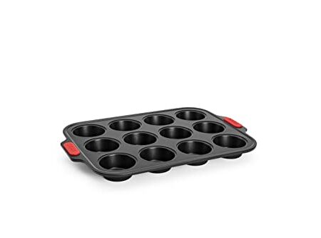Woll Bakeware Muffinform für 12 Stück, mit hitzebeständigen Silikongriffen bis 230°C, PFAS-frei, zweilagige Antihaftbeschichtung, aluminisierter Stahl, schwarz