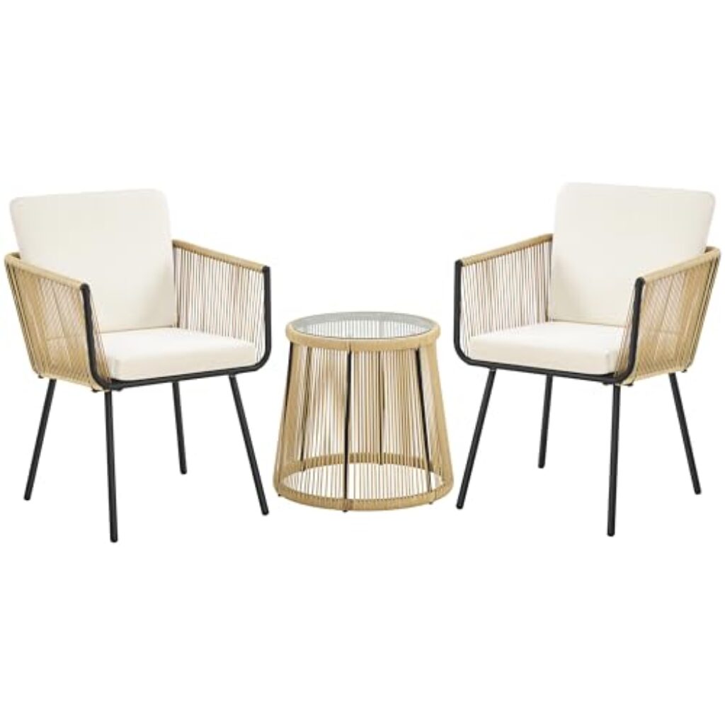 Yaheetech 3TLG. Rattan Balkonset, Gartenmöbel Set inkl. 2 Stühle mit 6cm Dick Sitz- und Rückenkissen & 1 Tisch mit 5mm Dick Hartglasplatte, Gartensitzgruppe für Balkon Outdoor, Hellbraun/Cremeweiß