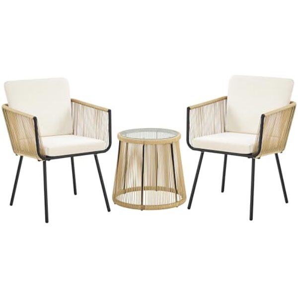 Yaheetech 3TLG. Rattan Balkonset, Gartenmöbel Set inkl. 2 Stühle mit 6cm Dick Sitz- und Rückenkissen & 1 Tisch mit 5mm Dick Hartglasplatte, Gartensitzgruppe für Balkon Outdoor, Hellbraun/Cremeweiß