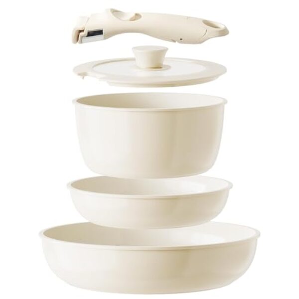 Redchef Keramik Pfannenset mit Abnehmbarem Griff, 5-tlg. Töpfe Abnehmbarer Griff Induktion, Platzsparendes Kochgeschirr (PTFE-frei PFAS-frei PFOA-frei), Backofen- & Spülmaschinenfest