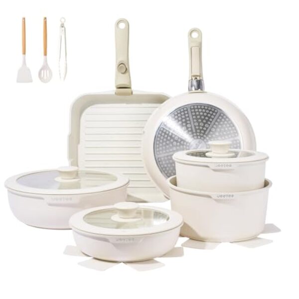 JEETEE Topfset Pfannenset mit abnehmbarem Griffen 25-Teilig, Pfanne 20/26cm, Kochtopf 18/20cm, Tiefe Bratpfanne 26cm, Grillpfanne 26cm, Stapelbar Topfset Für alle Herdarten, Antihaft, Ofenfest, Beige