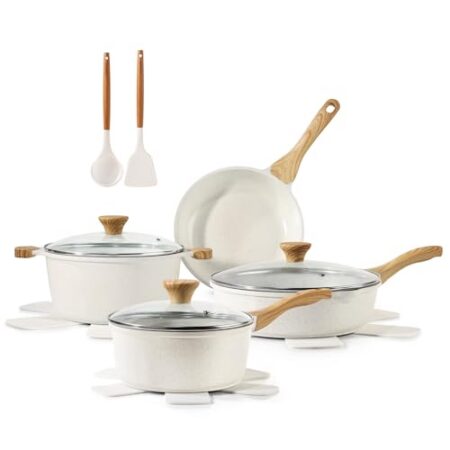 SENSARTE Antihaft Keramik Kochgeschirr Set 13 teilig, Gesundes Topf Pfannen Set, Ungiftiges Kochtopfsets mit Stay Cool Griffen, Silikonwerkzeugen und Topfschutz, PFOA/PTFE/PFAS Frei