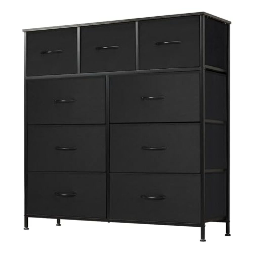 DUMOS Kommode mit Schubladen – Kommoden & Sideboards für Schlafzimmer Geeignet, Komodenschrank mit 9 Schubladen, Stoffkommode mit Stabilem Stahlrahmen, Ideal für Schlafzimmer, Wohnzimmer (Schwarz)