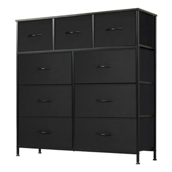 DUMOS Kommode mit Schubladen – Kommoden & Sideboards für Schlafzimmer Geeignet, Komodenschrank mit 9 Schubladen, Stoffkommode mit Stabilem Stahlrahmen, Ideal für Schlafzimmer, Wohnzimmer (Schwarz)