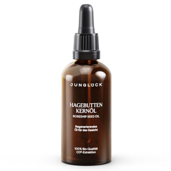 JUNGLÜCK BIO Hagebuttenkernöl – Vegan | Hagebuttenöl Kaltgepresst 100% Rein & Natürlich beruhigt Rötungen, gereizte und sensible Haut | Wildrosenöl antioxidativ regt die Zellerneuerung an