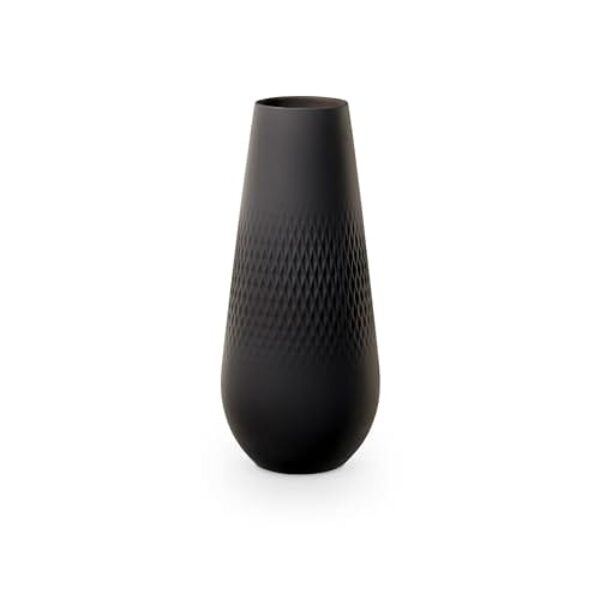 Villeroy & Boch – Manufacture Noir Vase Carré No. 3, Vase Schwarz Matt Hoch, Hohe Blumenvase für Pampasgras, Bodenvase, Große Rosenvase Schmal Schwarz, Deko Keramik, Premium Porzellan